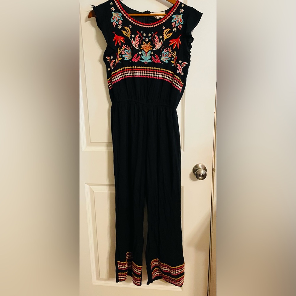 Savanna Jane Black Embroidered Jumpsuit with Multicolor Floral Detail